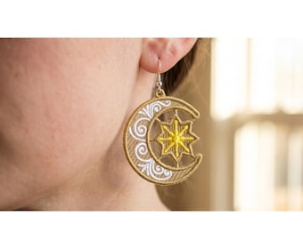 Celestial Moon Star Earrings Embroidery Pattern 4x4 Hoop Digital File