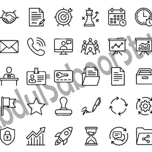 May include: A collection of black and white line art icons representing business and office concepts, including a briefcase, building, handshake, document, target, chess piece, calendar, clock, checklist, chart, inbox, envelope, phone, and computer.