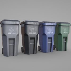 May include: Four wheeled recycling bins in grey, black, blue, and green. Each bin has a lid, the recycling symbol, and the word "RECYCLE" printed on the front. The bins are designed for outdoor use.
