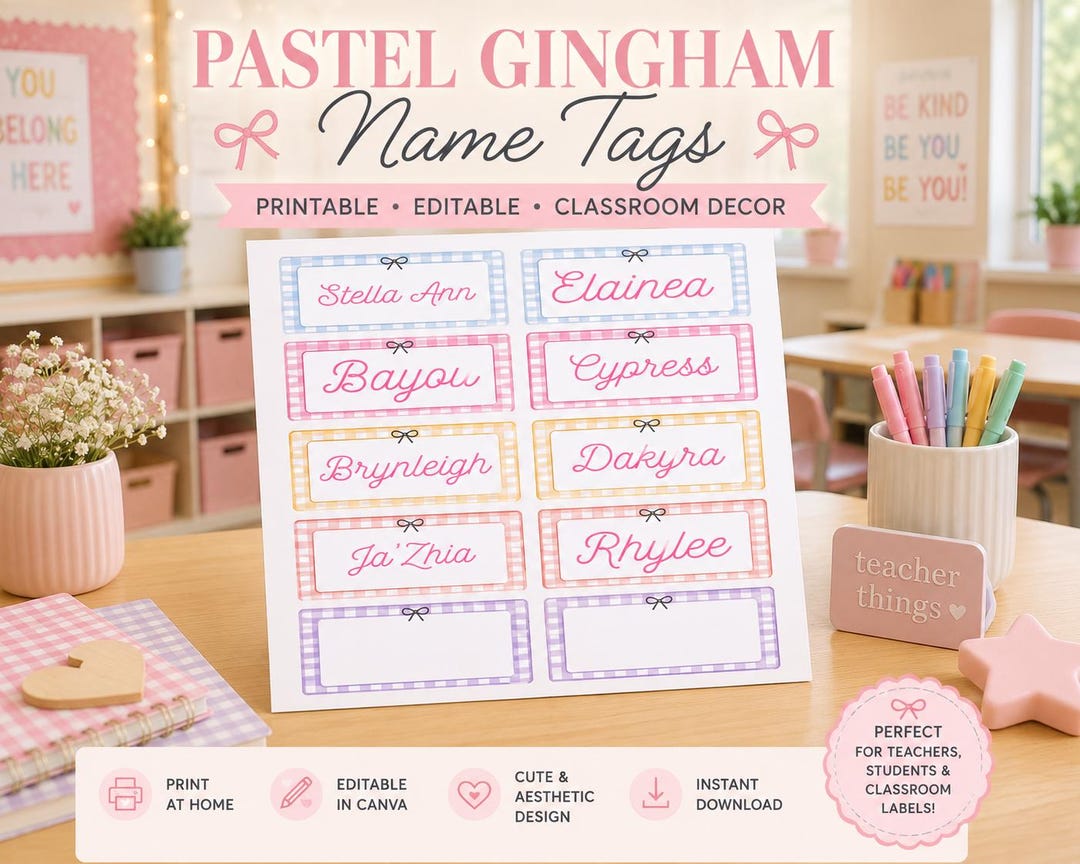 Pastel Gingham Name Tags | Printable Classroom Labels | Editable ...