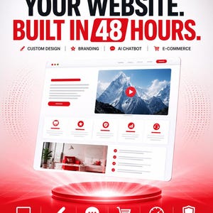 May include: A digital graphic featuring the text YOUR WEBSITE. BUILT IN 48 HOURS. with icons for custom design, branding, AI chatbot, and e-commerce. A floating website interface displays a mountain image and interior room photo above a red platform.
