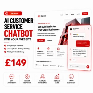 May include: A digital marketing graphic for an AI customer service chatbot service. The text reads AI CUSTOMER SERVICE CHATBOT FOR YOUR WEBSITE, featuring a website interface mockup with a chat window, and icons for 24/7 availability, lead capture, and sales.