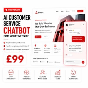 May include: A digital marketing graphic for an AI customer service chatbot service. The layout features red and black text, a website mockup for Elevate, a chat interface window, and icons representing 24/7 availability, lead capture, and sales.