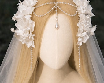 Conjunto de horquillas para el cabello con cadena para la frente y flor de gardenia, tocado de boda floral blanco, joyería nupcial de hadas