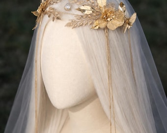 Gouden bloemen bruidskroon, kristallen bengelkettingen, blad tiara bruiloft haarrank