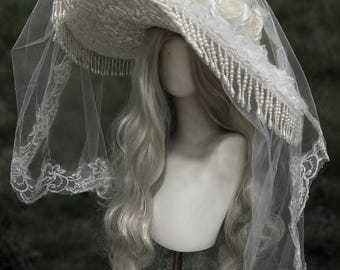 White Pearl Fringe Bridal Hat Veil, Lace Floral Wedding Headpiece, Romantic Juliet Cap, Gothic Victorian Bride Accessory