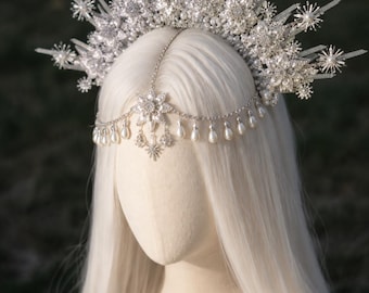 Coroa Celestial Prateada com Corrente de Pérolas para a Testa, Coroa de Noiva, Adereço de Cabeça para Cosplay