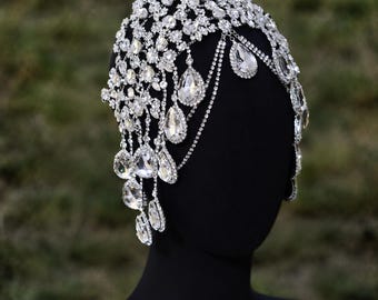 Crystal Bridal Headpiece, Rhinestone Teardrop Crown, Luxury Wedding Hair Jewelry, Gatsby Flapper Head Chain, Silver Gold Headdress