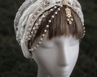 Ivory Lace Juliet Cap Headpiece, Gold Beaded Chain Bridal Crown, Renaissance Fairy Wedding Headwear