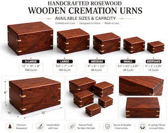 Urna funeraria de madera, caja conmemorativa de madera maciza hecha a mano con incrustaciones de latón.
