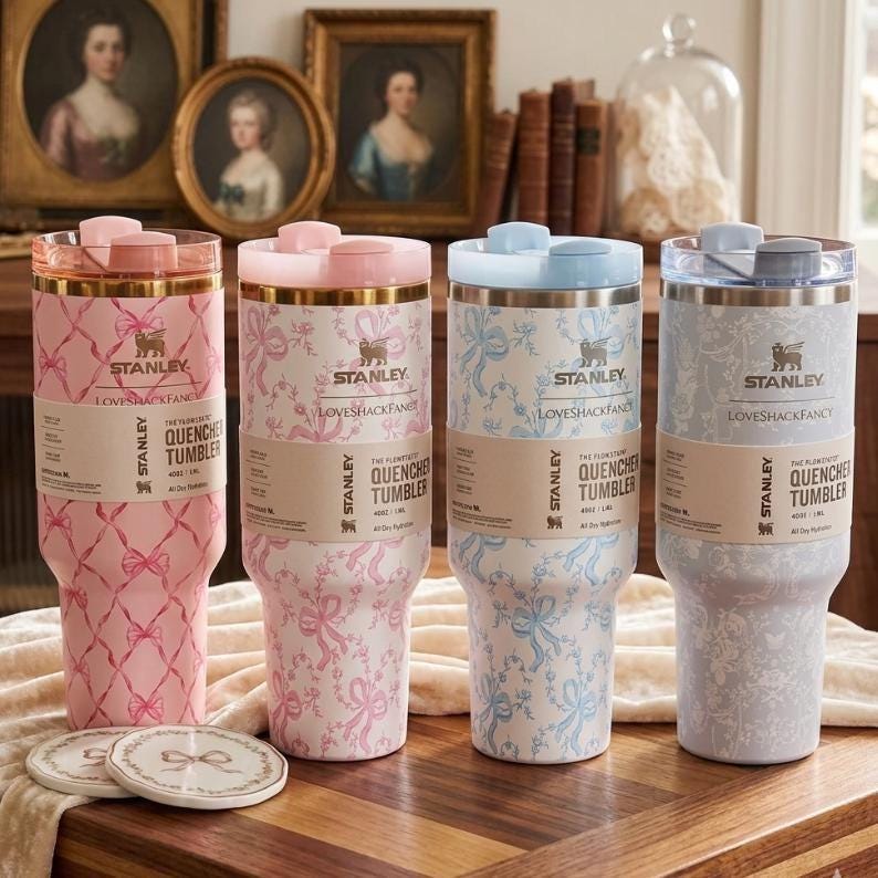 May include: Four Stanley Quencher tumblers, each 40 oz, featuring LoveShackFancy patterns. From left to right: a pink lattice design, a pink bow print, a blue floral pattern, and a blue toile motif. Each includes a lid and a branded paper band.