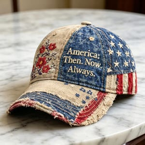 May include: A distressed baseball cap featuring a tan panel with red floral embroidery and a blue panel with white stars and red stripes. The text "America: Then. Now. Always." is embroidered in white on the front blue panel of the cap.