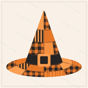 May include: A pointed witch hat featuring a patchwork design of orange and black fabric patterns, including buffalo plaid and vertical stripes. The hat includes a wide black band around the base with a central orange square buckle detail.