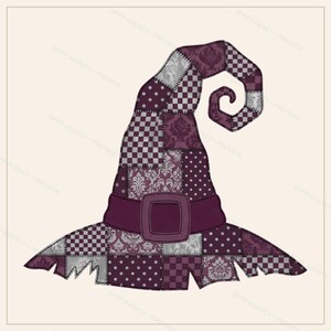 May include: A witch hat featuring a patchwork design in shades of purple, grey, and white. The hat displays various patterns including damask, polka dots, and checkerboard squares, finished with a solid dark purple band and a central buckle.