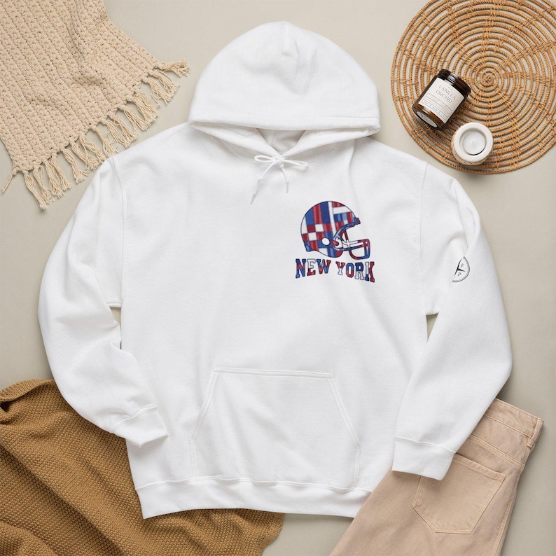 New York Blue & Red Football Patchwork Helmet Hooded Sweatshirt, Game Day Hoodie, Fan Pullover Gift image 1