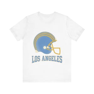 Los Angeles poederblauw en goudkleurig wedstrijdshirt, vintage varsity helm voetbalfanshirt, sportshirt in vintage stijl afbeelding 1