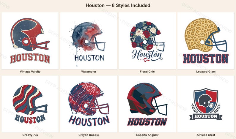 Houston Football PNG-Bundle, 8 Helmdesigns, Sublimationsset für den Spieltag, Digitaler Download Bild 1