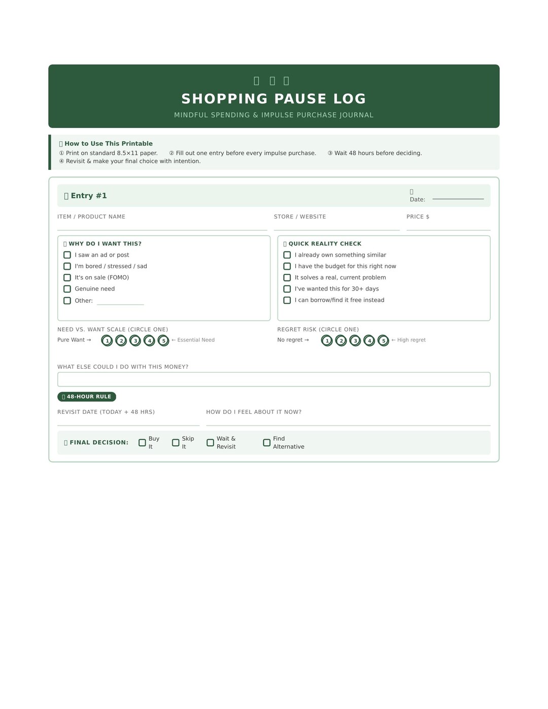 Pause Button Worksheet.pdf Impulse Purchase Pause Journal Printable | Mindful Spending Log | Stop ...