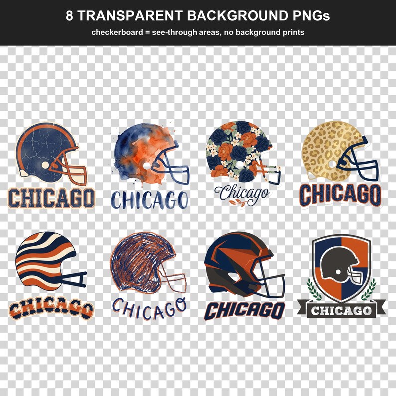 Chicago Football PNG Bundle, 8 Helmet Designs, Game Day Sublimation Set, Digital Download image 2