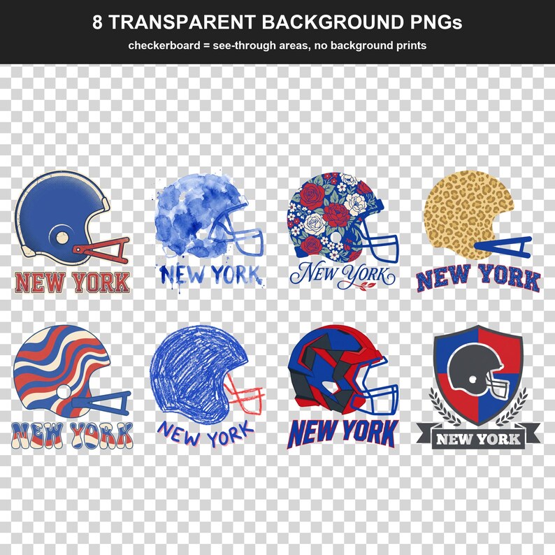 Zestaw do sublimacji New York Blue & Red Football, 8 wzorów kasków PNG, grafika ścienna na koszulkę meczową, pobieranie cyfrowe zdjęcie 2