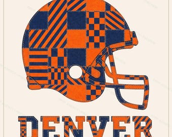 May include: A football helmet featuring a patchwork design of orange and navy blue fabric squares with various patterns including stripes and checkers. Below the helmet, the word DENVER is written in large, blocky, patchwork-style letters.