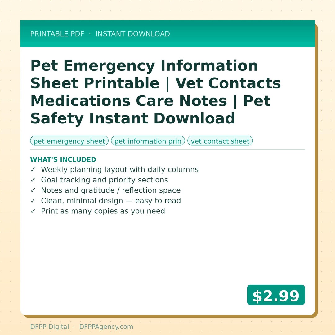 Pet Emergency Information Sheet Printable | Vet Contacts Medications ...
