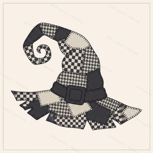 May include: A pointed hat with a curled tip, constructed from a patchwork of black, white, and gray fabric squares featuring houndstooth and checkerboard patterns. A dark band with a square buckle encircles the base of the hat crown.
