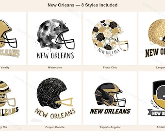 Może przedstawiać: Kolekcja ośmiu projektów graficznych przedstawiających kaski do futbolu amerykańskiego z napisem New Orleans. Style obejmują jednolity złoty kask, akwarelę, kwiaty, panterkę, faliste linie, rysunek kredką, styl e-sportowy oraz herb.
