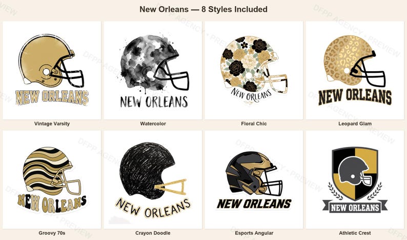 New Orleans Helmet PNG Bundle, 8 Football Fan Styles, Sublimation and DTF Designs, Instant Download image 1