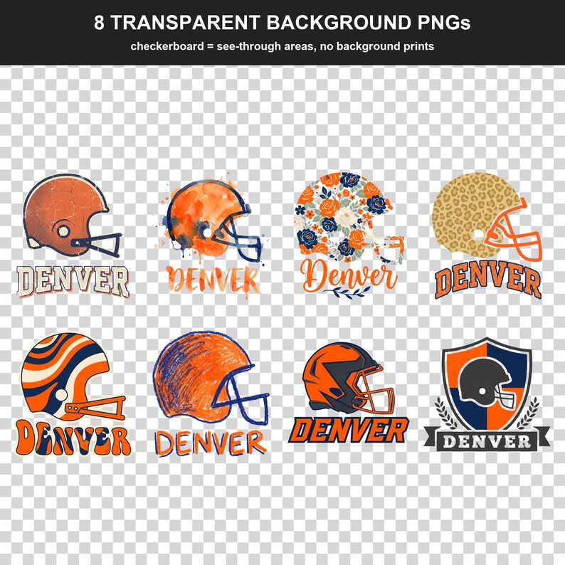 Denver Broncos fotbollssublimeringspaket, 8 PNG-hjälmdesigner, matchdagströja Clipart, digital nedladdning bild 2