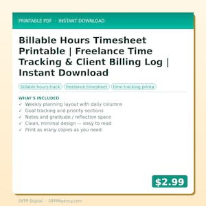 Puede incluir: Una hoja de tiempo PDF imprimible titulada "Billable Hours Timesheet Printable". El diseño incluye secciones para la planificación semanal, el seguimiento de objetivos, notas y un diseño limpio y minimalista. Descarga instantánea disponible.