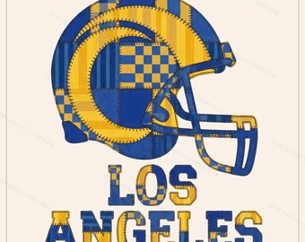 May include: A football helmet graphic featuring a blue and yellow patchwork pattern with visible stitching details. Below the helmet, the text LOS ANGELES is displayed in a matching blue and yellow patchwork design with stitched borders.
