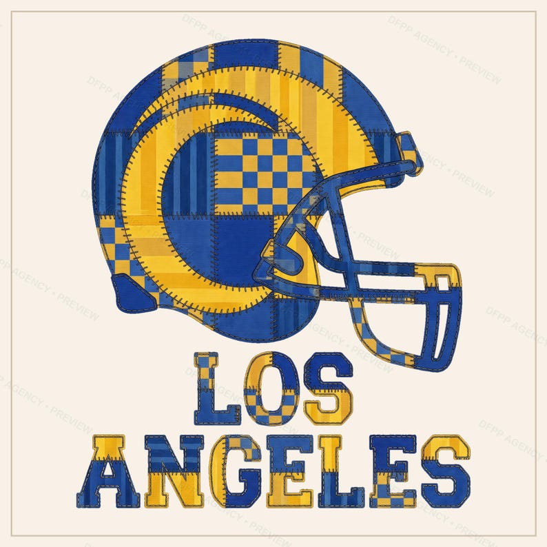 Los Angeles Blue & Gold Patchwork Helmet PNG, Retro Sublimation File, Fan Shirt Clipart, Instant Download image 1