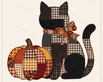 May include: A decorative fabric applique featuring a cat and a pumpkin. The cat is constructed from various dark-toned plaid and corduroy patches with a floral bow. The pumpkin is composed of orange, red, and brown checkered and floral fabric patches.