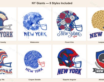 May include: A collection of eight New York football helmet graphic designs featuring various artistic styles including vintage, watercolor, floral, leopard print, wavy lines, crayon doodle, angular esports, and a crest logo, all labeled with New York.