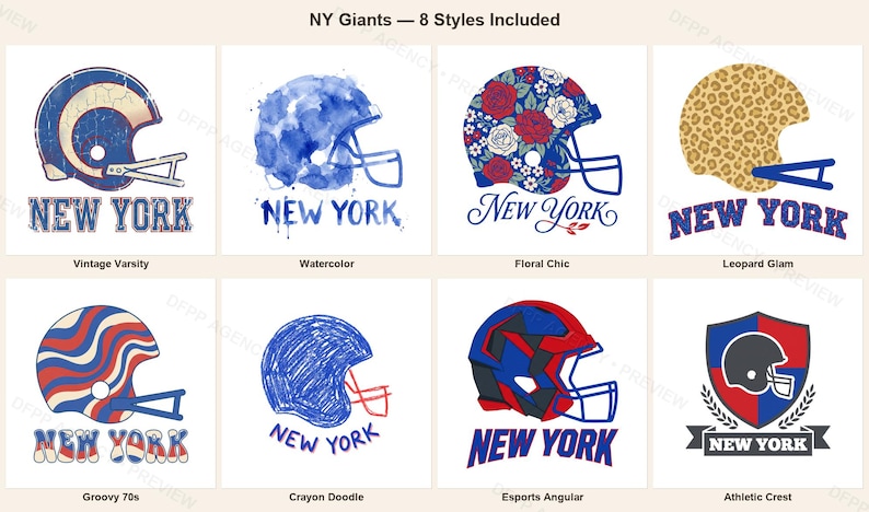 Zestaw do sublimacji New York Blue & Red Football, 8 wzorów kasków PNG, grafika ścienna na koszulkę meczową, pobieranie cyfrowe zdjęcie 1