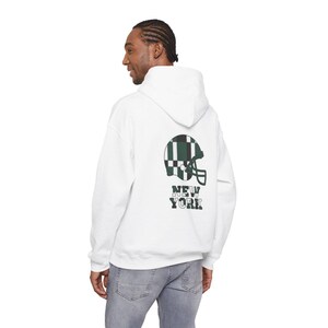 New York Green & White Patchwork Helmet Hoodie, Retro Football Sweatshirt, Game Day Pullover, Fan Hoodie image 6