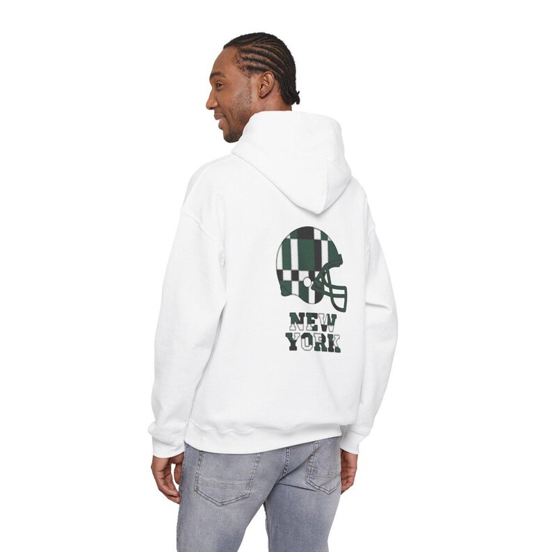 New York Green & White Patchwork Helmet Hoodie, Retro Football Sweatshirt, Game Day Pullover, Fan Hoodie image 6