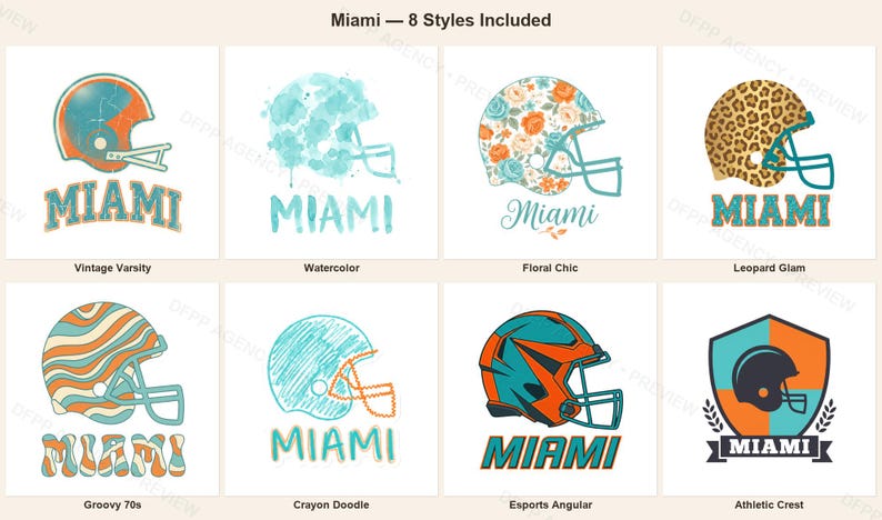 Sublimeringspaket för Miami Football, 8 PNG-hjälmdesigner, Clipart för matchdagströjor, digital nedladdning bild 1