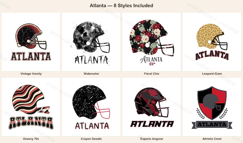 Atlanta hjälm PNG-paket, 8 fotbollsfanstilar, sublimerings- och DTF-designer, omedelbar nedladdning bild 1