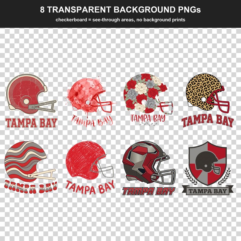 Paquete de imágenes PNG del casco de los Tampa Bay Buccaneers, 8 estilos para aficionados al fútbol americano, diseños para sublimación y DTF, descarga instantánea. imagen 2