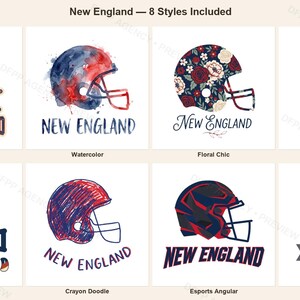 Pacchetto di sublimazione per la squadra di football del New England, 8 disegni PNG per caschi, clipart per magliette da gioco, download digitale. immagine 1
