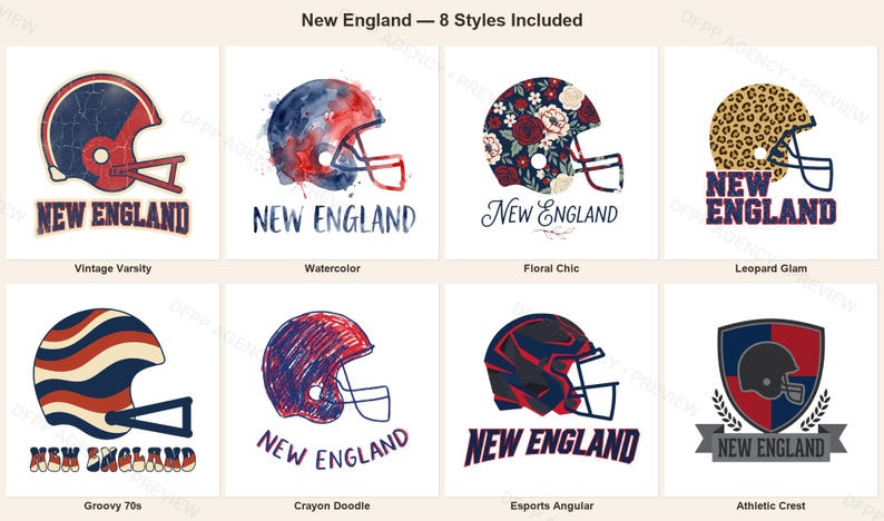 Pacchetto di sublimazione per la squadra di football del New England, 8 disegni PNG per caschi, clipart per magliette da gioco, download digitale. immagine 1