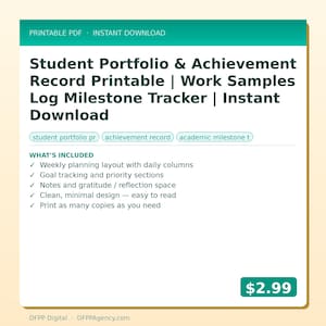 Può includere: Un documento digitale stampabile intitolato "Student Portfolio & Achievement Record" con un design turchese e bianco. Il documento include un layout di pianificazione settimanale, il monitoraggio degli obiettivi e spazio per le note. Il prezzo è di $2,99.