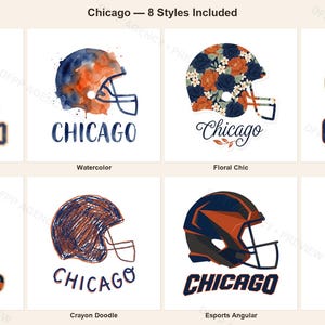 Chicago Football PNG Bundle, 8 Helmet Designs, Game Day Sublimation Set, Digital Download image 1