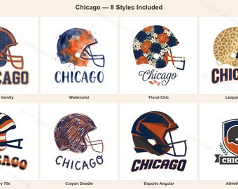 May include: A collection of eight Chicago football helmet graphic designs featuring various artistic styles including vintage, watercolour, floral, leopard print, wavy lines, crayon doodle, angular esports, and a shield crest logo with the text Chicago.