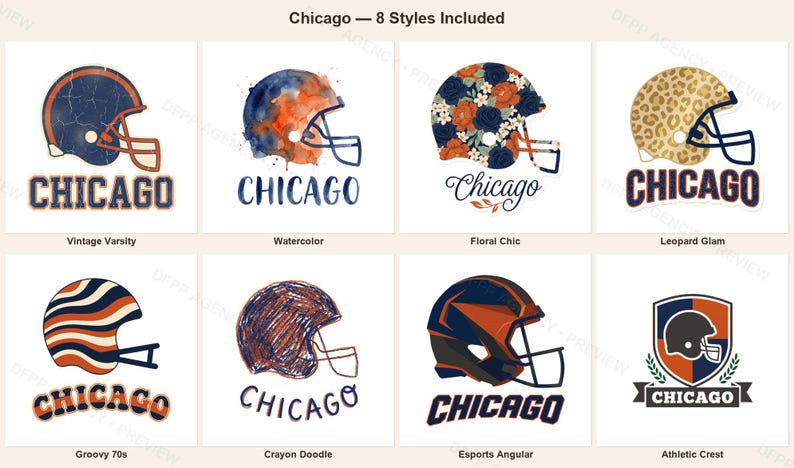 Chicago Football PNG Bundle, 8 Helmet Designs, Game Day Sublimation Set, Digital Download image 1