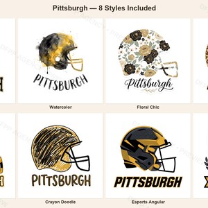 Pack de sublimation pour l'équipe de football américain de Pittsburgh : 8 motifs de casques au format PNG, clipart pour t-shirts de match, téléchargement numérique image 1