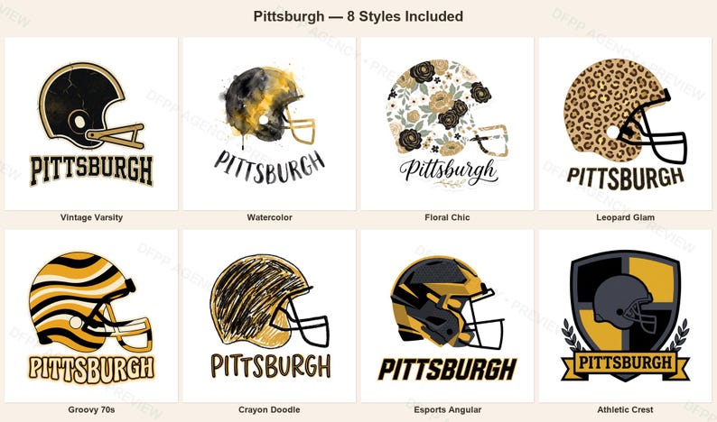 Pack de sublimation pour l'équipe de football américain de Pittsburgh : 8 motifs de casques au format PNG, clipart pour t-shirts de match, téléchargement numérique image 1