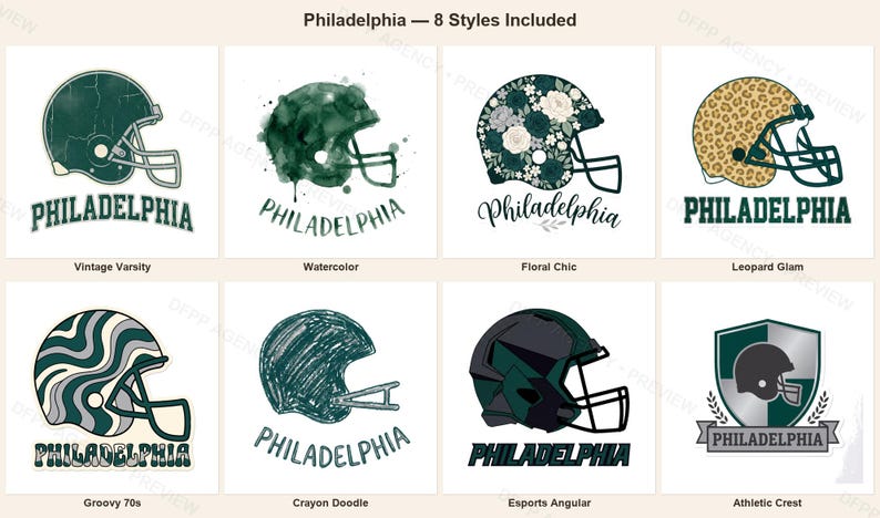 Philadelphia-Helm-PNG-Bundle, 8 Football-Fan-Designs, Sublimations- und DTF-Designs, Sofort-Download Bild 1